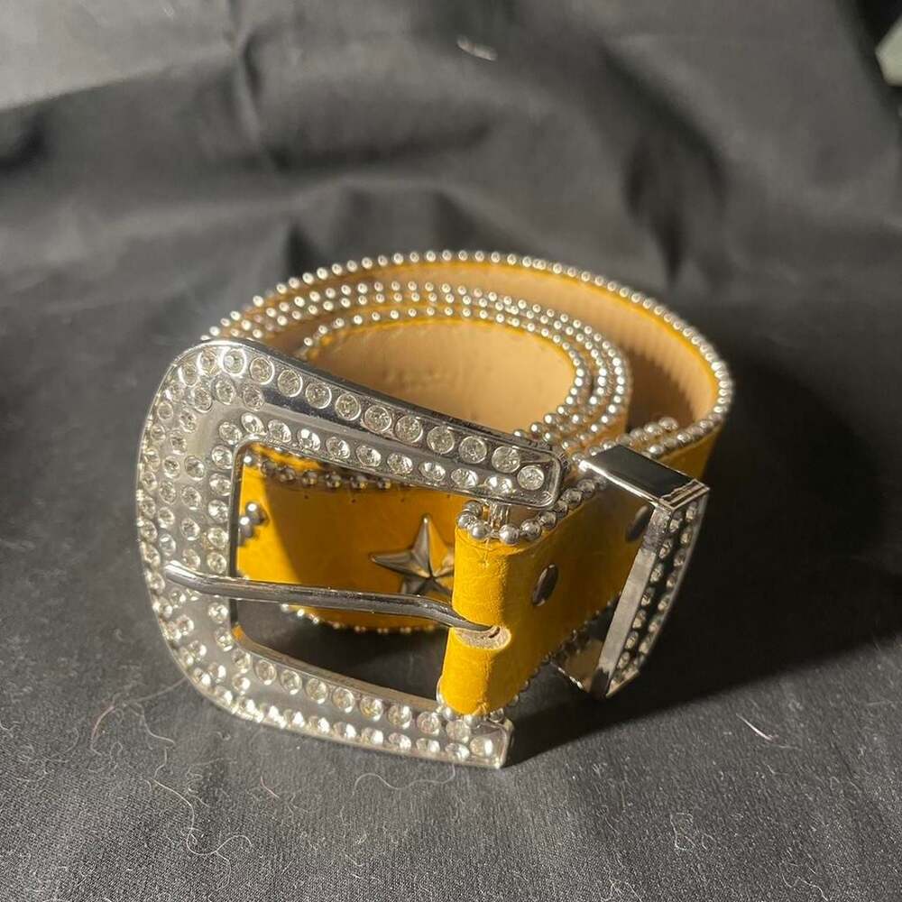 Punk Y2K Yellow Rhinestone Star Rivet Belt - 42in Grunge Streetwear
